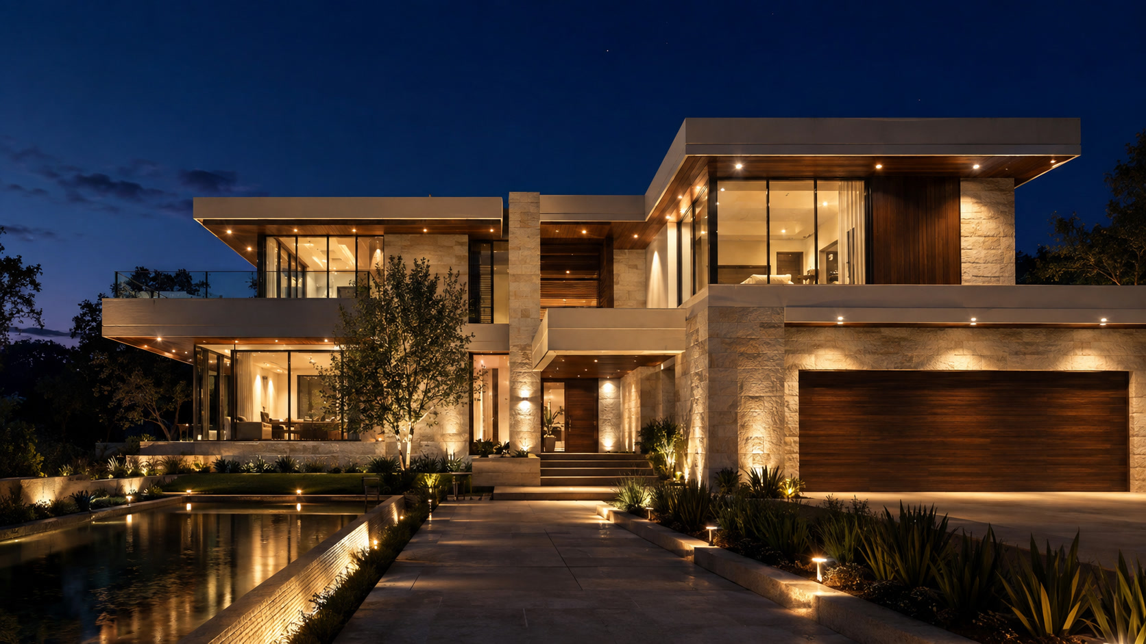 Design visualization of a modern Phoenix home illuminated with warm white architectural lighting